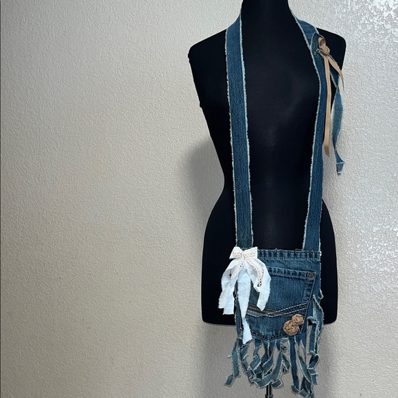 Boho Crossbody Denim Pouch Bag Shabby Cottagecore Pocket Fringe Fairy Festival - Picture 11 of 11